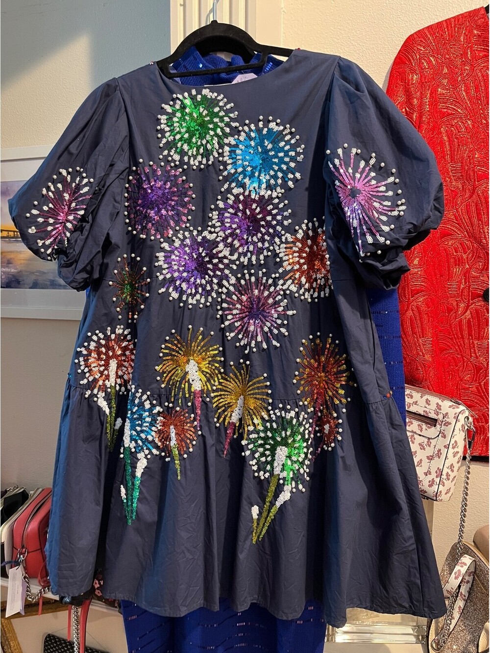 Queen of Spades navy blue firecracker mini dress, size M, all cotton